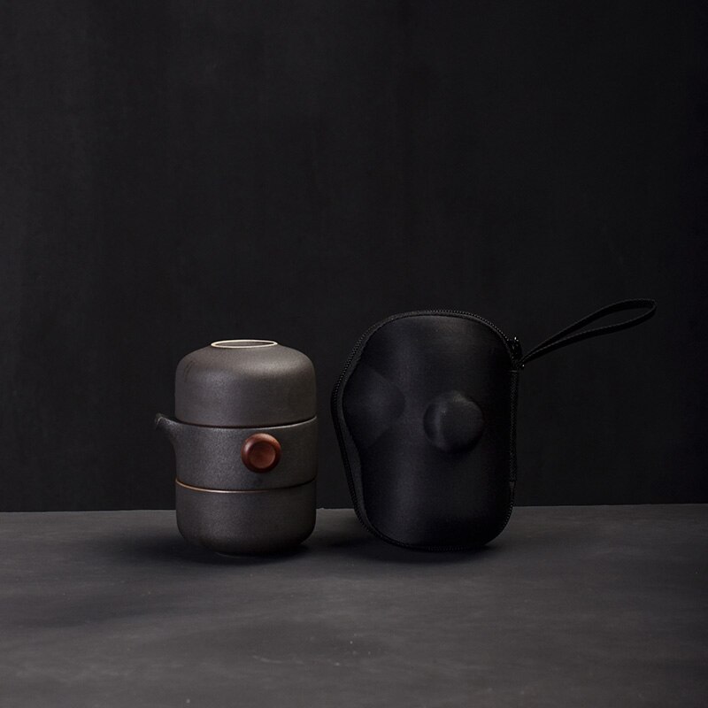 japanese style ceramic teapot gaiwan teacups handmade portable travel office tea set: Black