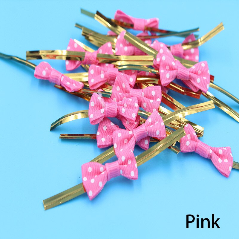 100Pcs DIY Bow Tie Wrapping Golded Wire Bowknot Binding Wire Lollipop Candy Packaging Bags Fastener Sealing Fixed Ties: Pink