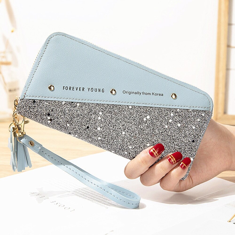 Sequined Patchwork Glitter Wallet for Women Long PU Leather Wallet Coin Purse Female Wallets Girls Wholeale: blue