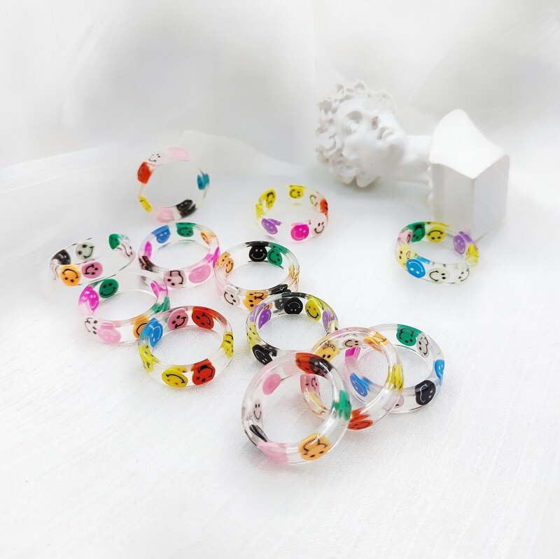 anillos mujer alianzas de boda pareja anillos aesthetic anillo mujer anillos tous 20 piezas / lote color transparente resina acrílico anillo mujer niña flor mariposa sonrisa carta impresión joyería al por mayor: smile face