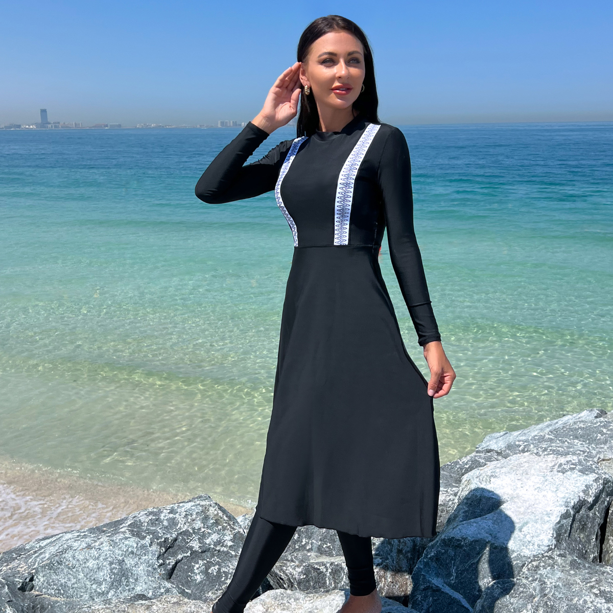2pcs Muslim Burkini Modest swimsuit with Black Long Sleeved Dress All Covered Retro Women Swimwear Beach swimsuit SPF50+: XL