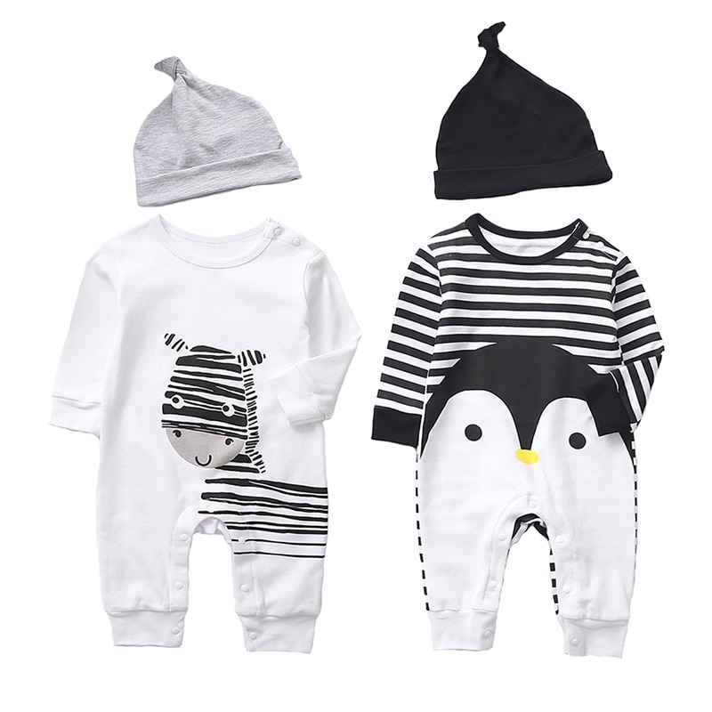 Herbst Karikatur jungen Kleidung Langarm Baby Strampler Neugeborenen Baumwolle Baby Mädchen Gesamt Kleinkind Kleidung + Hütte Pinguin stil