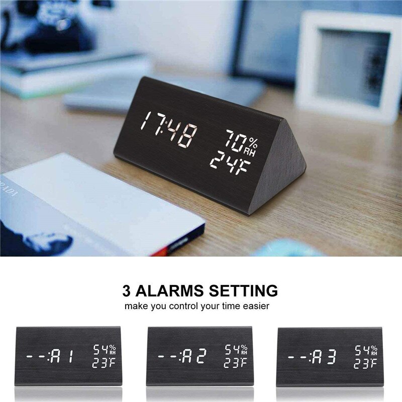 Intelligente Led Digitale Klok Hout Usb Tafel Wekker Sound Control Elektronische Vochtigheid Temperatuur Display Desktop Klokken