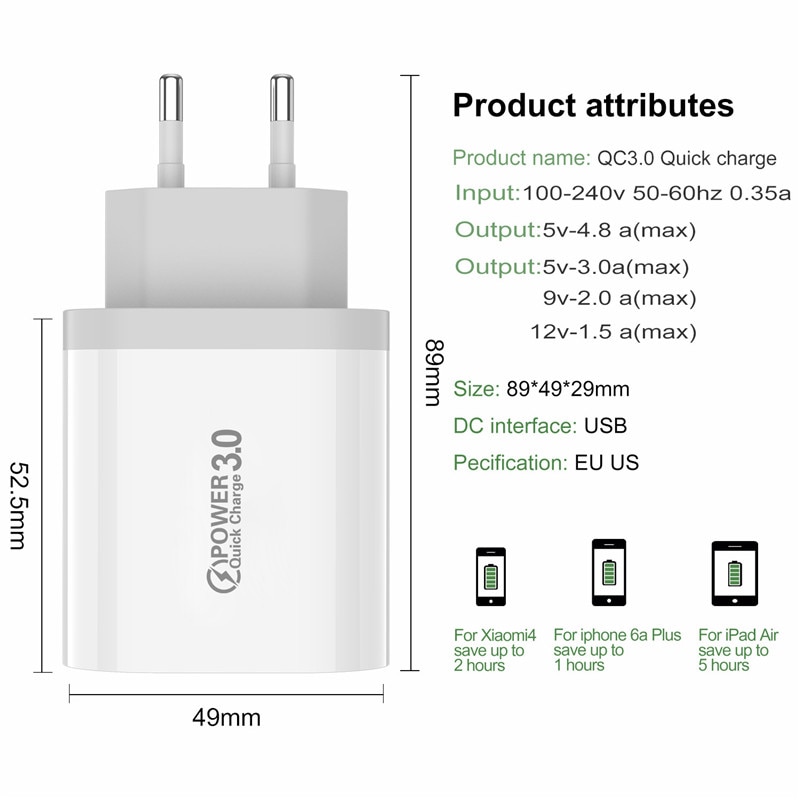 USLION Carica Rapida 3.0 USB Caricatore Del Telefono Per Samsung S8 S9 Xiaomi mi 8 Huawei Veloce Muro di Ricarica Per iPhone 6 7 8 X XS Max iPad