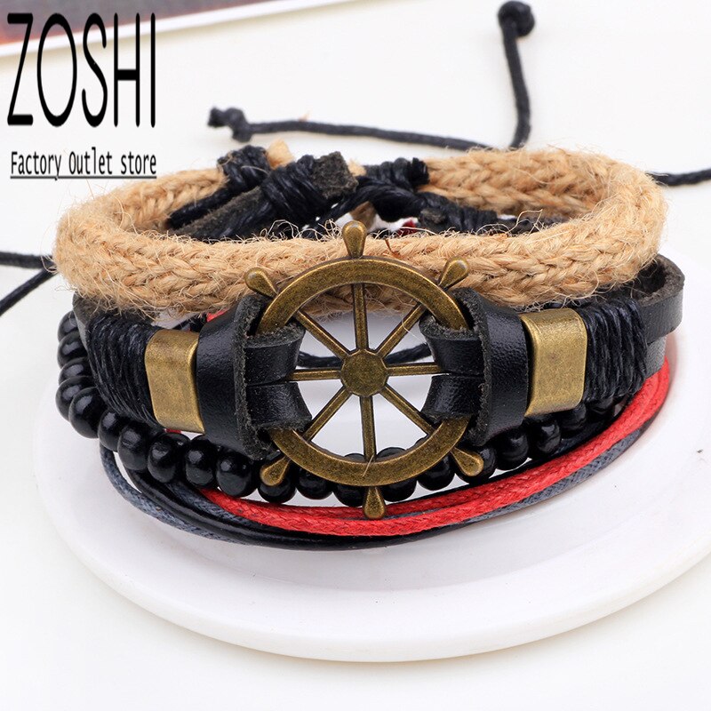 4 pçs bege caqui cânhamo corda tecer pulseira conjunto masculino misto marrom couro envoltório pulseira azul contas de madeira pulseiras multicamadas
