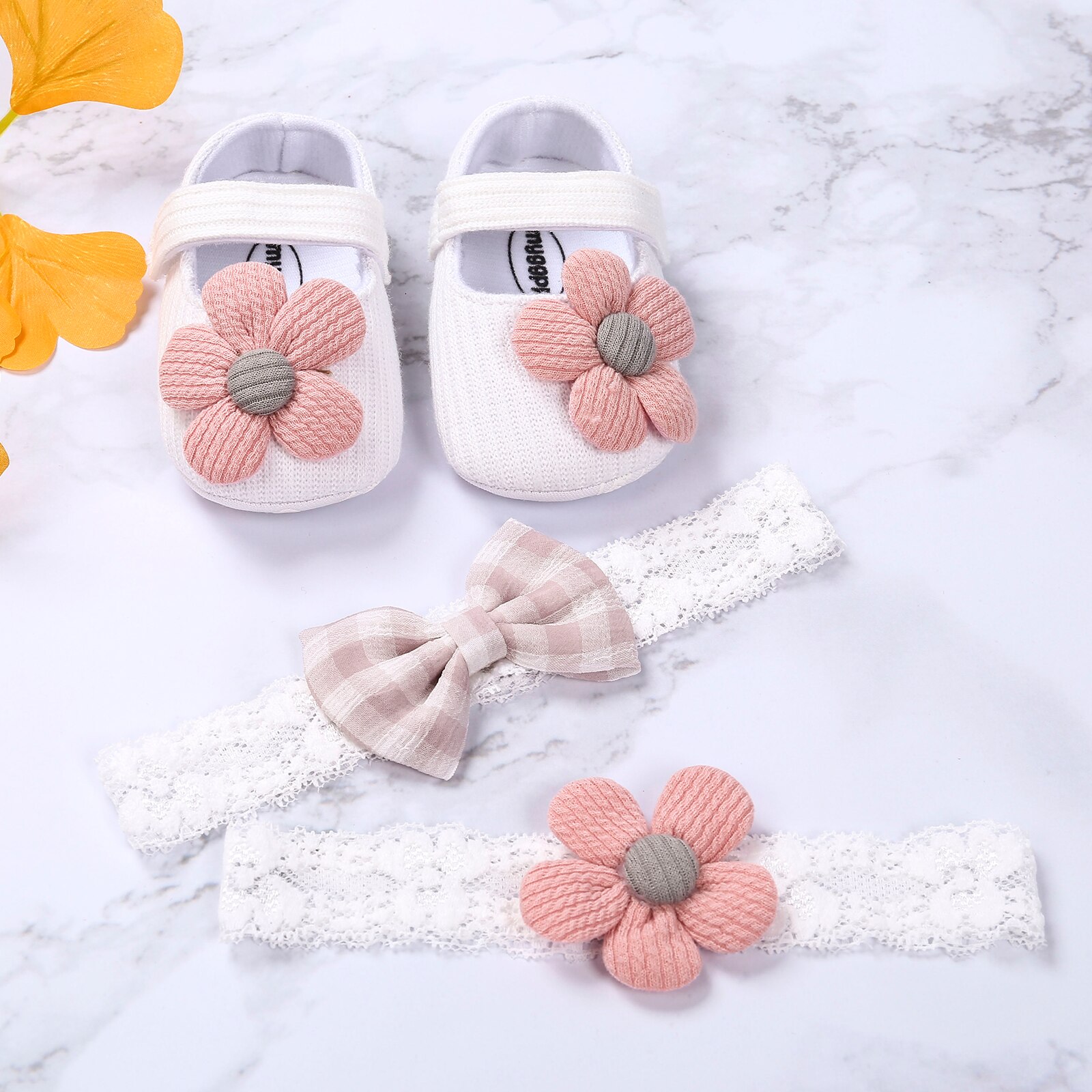 3PCS 0-18M Baby Girl Baptism Shoes and Headband Set Soft Sole Floral Mary Jane Flats and Hairbands for Infant Little Girls: White / 12-18 M