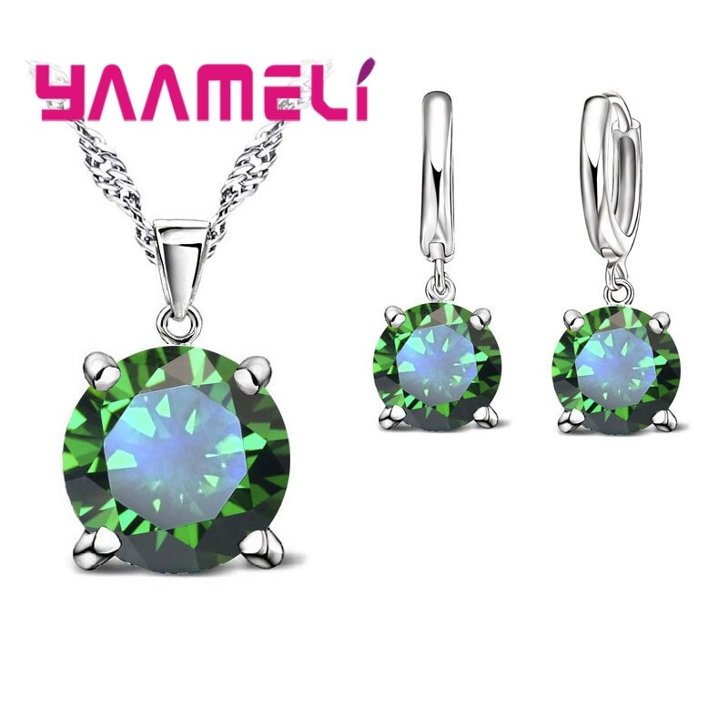 Conjunto de joyería de plata de ley 925 para mujer, collar con colgante de Circonia cúbica, pendiente, joyería nupcial clásica para mujer: green