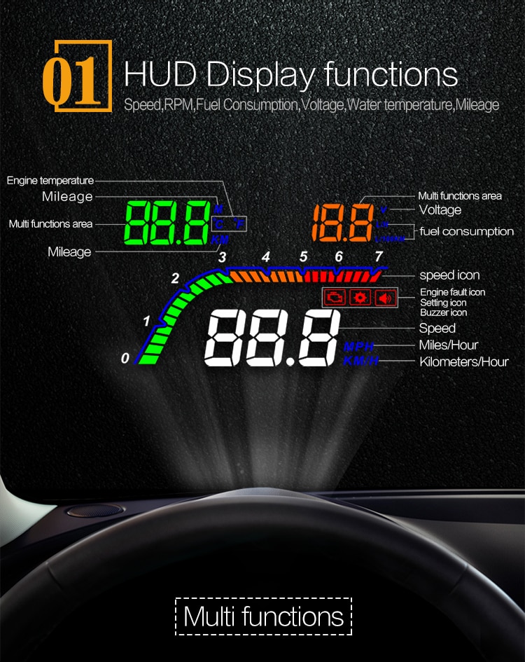 WiiYii T100 OBD2 car hud head up head up display temperature gauge obd Overspeed Warning System Projector Windshield