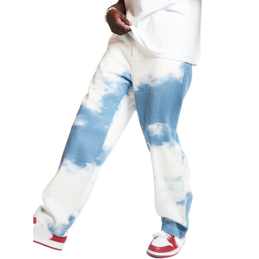 Colorido tie dye calças dos homens em linha reta perna jeans casual masculino calças soltas plus size denim calças hip hop