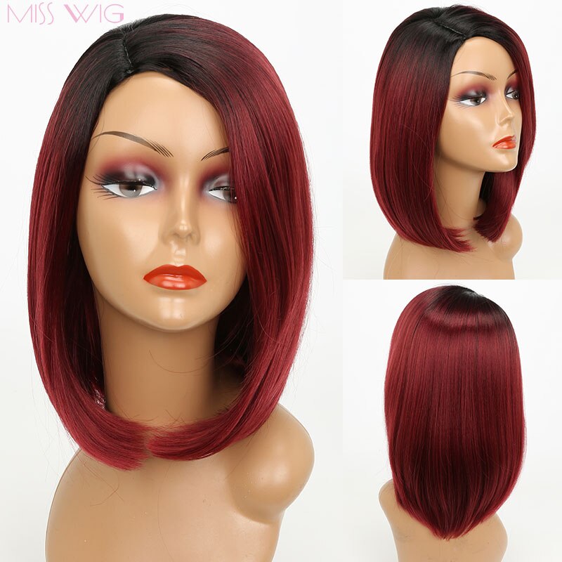 Miss Pruik Korte Rechte Ombre Roze Hittebestendige Bob Pruik Voor Vrouwen Zwart Ombre Kleur Synthetisch Haar: 1B/30HL