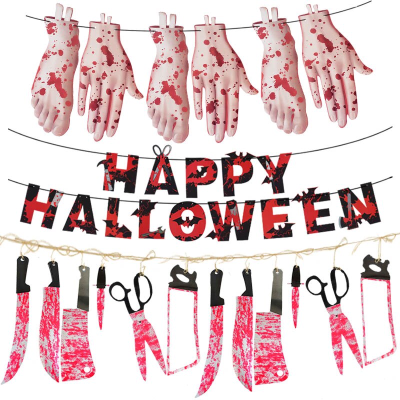 Horror Bloody Happy Halloween Bunting Banners Papier Vlaggen Horror Messen Bloed Hand Papier Guirlande Halloween Party Home Decoration