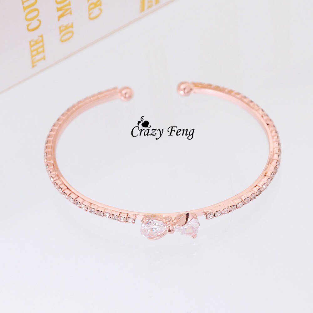 CZ Crystal Bowknot Charms Bracelets & Bangles for Women Rose Gold Color Wedding Party Bangles Jewelry pulseira feminina