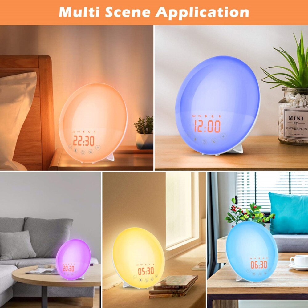 Wifi sunrise wake-up lampe smart snooze vækkeur soveværelse led natlys fm radio