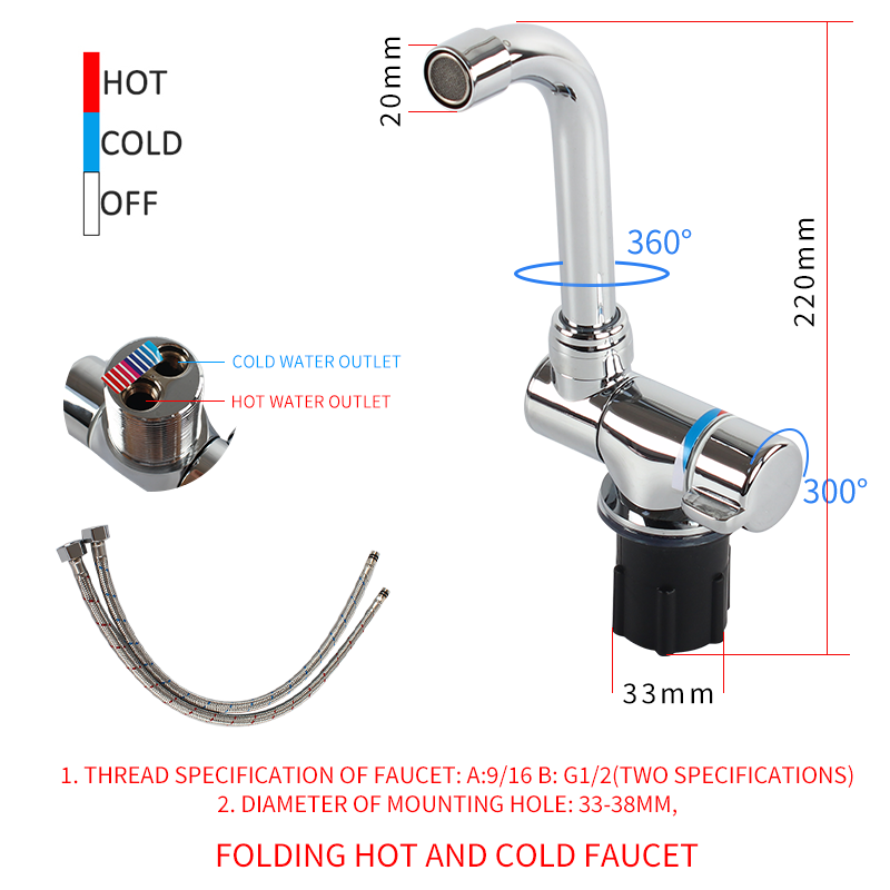 Robinet RV pliable à 180 degrés, évier rotatif à 360 degrés, robinet ou froid, cuisine, salle de bains, caravane, accessoires de robinet marin RV