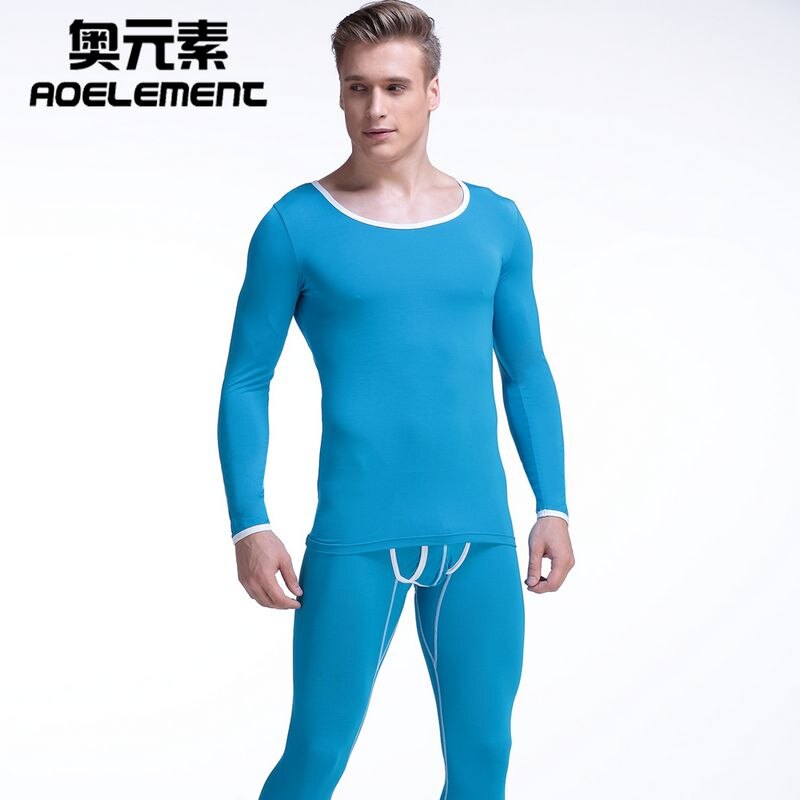 Basique homme sous-vêtement thermique ensemble coton section mince serré col bas grand col rond chemise longue john hommes thermique hommes bas: blue / XXXL