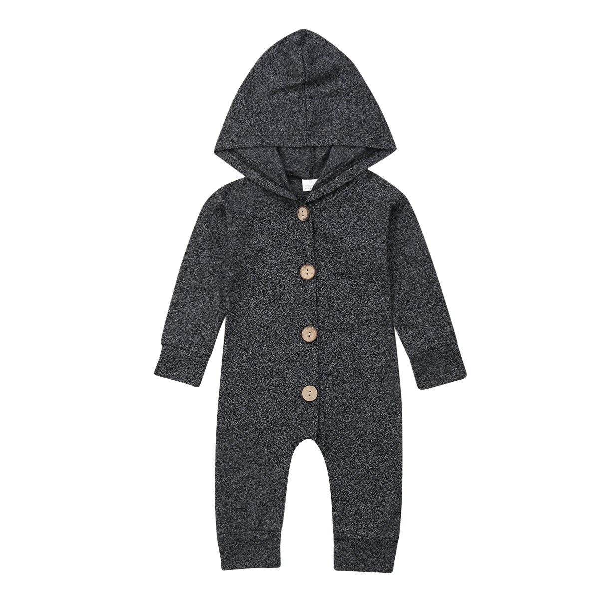 Baby Hoodie Romper Long Sleeves Comfortable Solid Button Jumpsuit Newborn Boy Girl Outfit: Gray Black / 6M