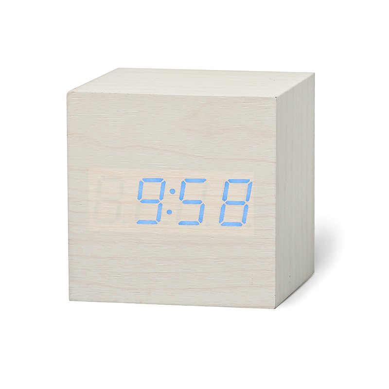 Qualified Digital Wooden LED Alarm Clock Wood Retro Glow Clock Desktop Table Decor Voice Control Snooze Function Desk: White blue