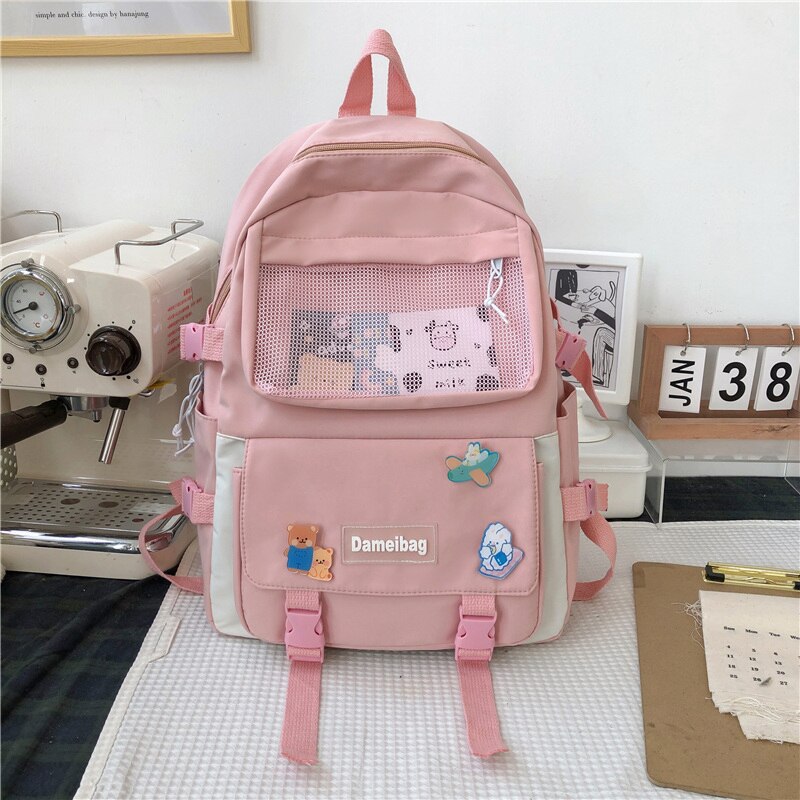 Nowe wiele kieszeni wodoodporny plecak nylonowy kobiet o dużej pojemności Kawaii tornister dla nastoletnich dziewczęca torba podróżna Mochila Bookbag: Różowy / NO bear Pendant
