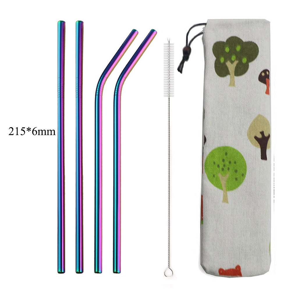 6 Pieces Rainbow Eco Friendly Stainless Steel Straw Reusable Metal Colorful Straws Metal with Brush & Bag Bar Tools: Rainbow E