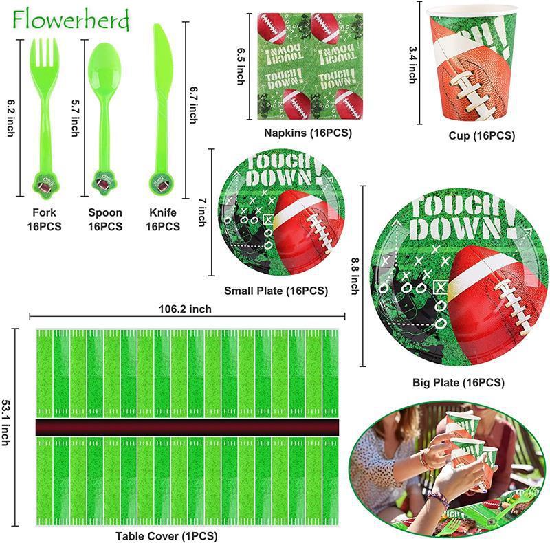 Rugby American Football Theme Party Supplies Disposable Dinnerware Set Plates Napkins Cups Knifves Fork Spoon Birthday Party Set