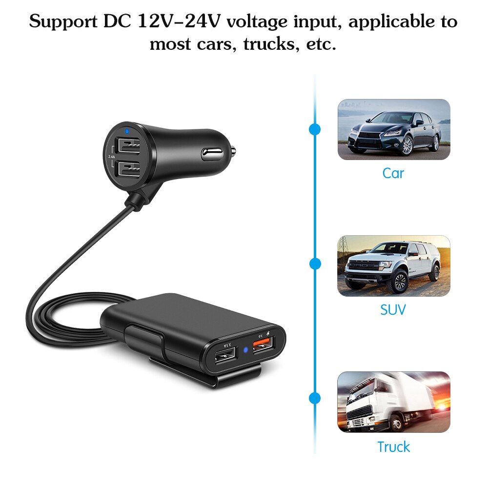 Powstro 4 Poorten Snelle 3.0 + 2.4A + 3.1A Usb Autolader Universele Usb Snelle Adapter Met 5.6ft Verlengsnoer kabel Voor Mpv Auto Telefoon