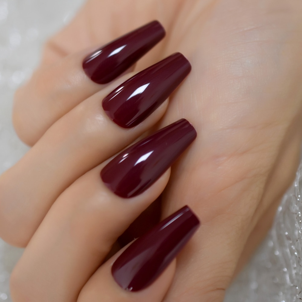Tapered Coffin Nails Long Size Square Maroon Dark Red Acrylic Artificial False Nails Manicure Tips 24 CT