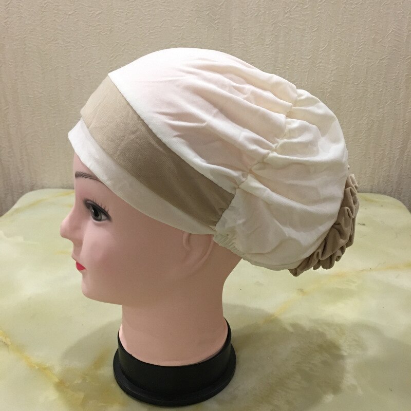 Muslim Woman Casual Headdress Big Flower Headscarf Hat Hair Loss Cap Islamic Baotou Cap Chemo Hat Color Matching Hats Headwear: Beige