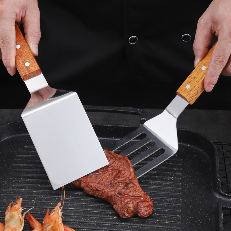 Spatule de cuisson avec manche en bois en acier inoxydable, pelle à frire pour Steak et crêpes, grattoir Teppanyaki, outil de Barbecue, accessoires de cuisine