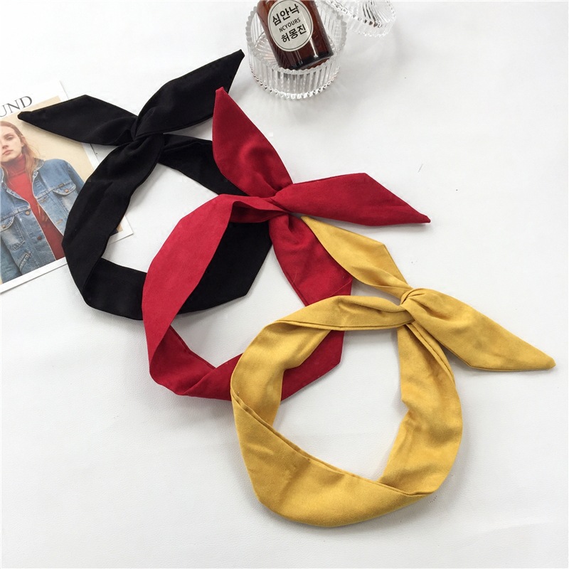 Ruban d'oreille de lapin en daim de couleur unie pour femmes, bandeau pour cheveux, nœud papillon croisé, écharpe en fil métallique, accessoires pour cheveux pour filles