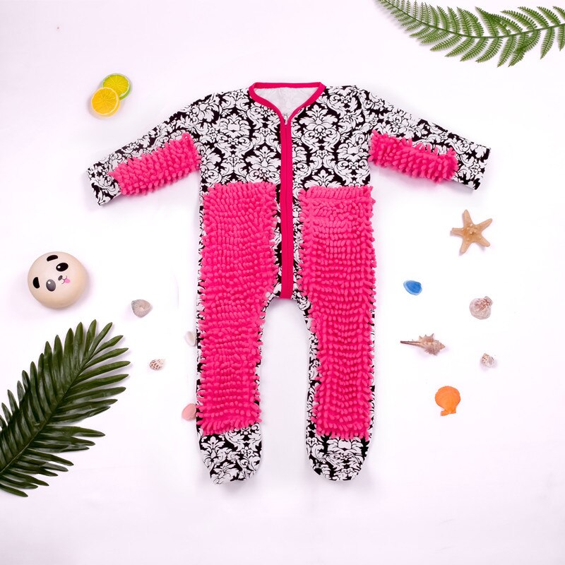 Baby dweil romper outfit meisje rompe jongen meisje poetsmiddelen vloeren schoonmaak dweil pak schoonmaak dweil sui kinderen kruipen peuter jumpsuit: D / 12m