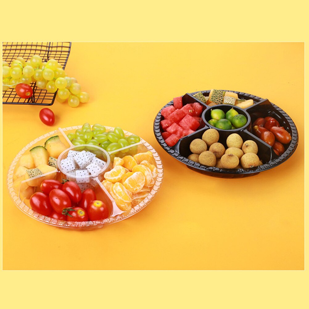 10PCS Disposable 5 Compartment Food Storage Containers Round Plastic Salad Fruits Box with Lids: Default Title