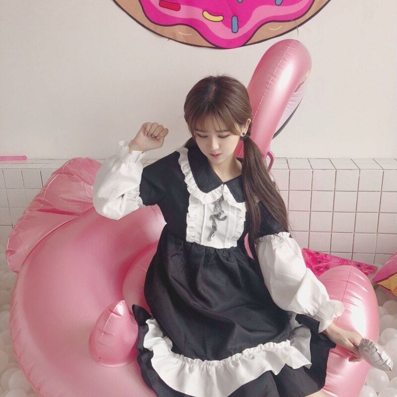 Japanese Lolita Dress Sweet Cute Kawaii Girls OP Princess Maid Vintage Ruffles Dress Women Gothic Long Sleeve Black Party Dress