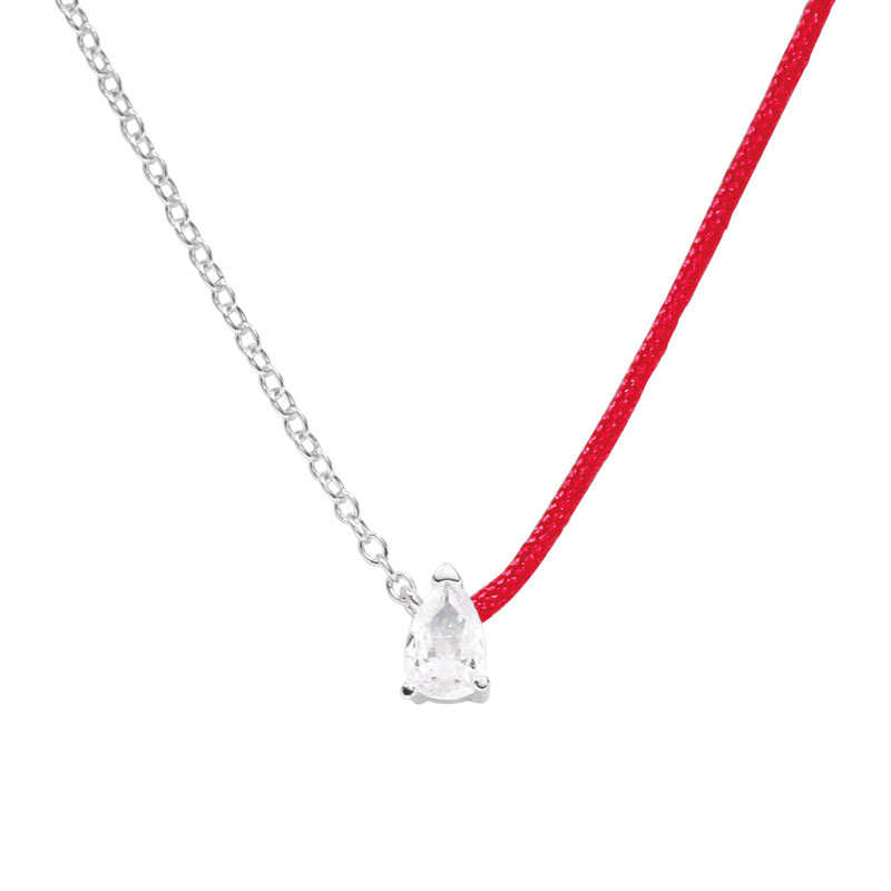 Moonmory Real 925 Sterling Silver Redline String Necklace With Zircon Pear Charm Choker For Women Jewelry Pink Blue: red-silver