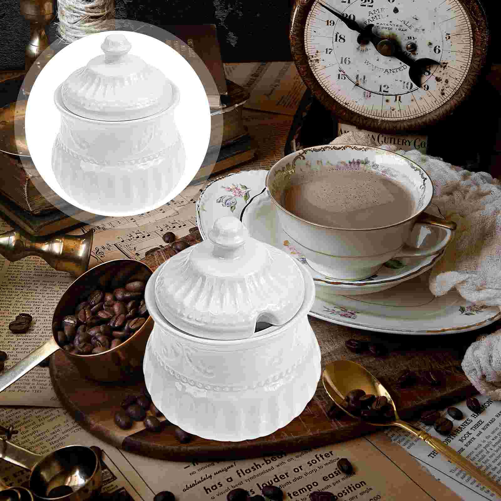 Embossed Ceramic Sugar Cube Jar Delicate Sugar Jar Coffee Shop Sugar Holder: Default Title