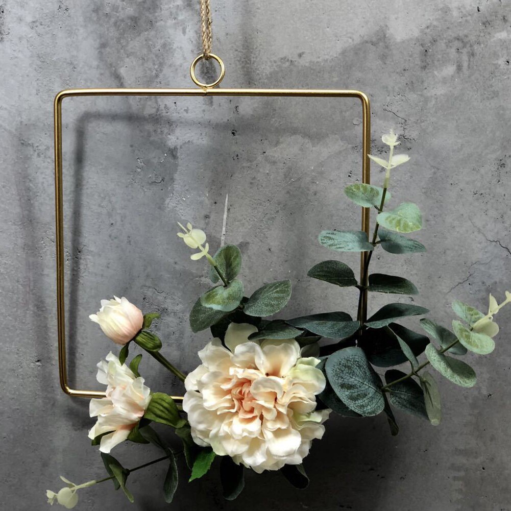 3PCS Cilected Flower Hanging Hoop Wreath Geometric Round Triangle Square Frame Artificial Flower For Wedding Backdrop Wall Decor