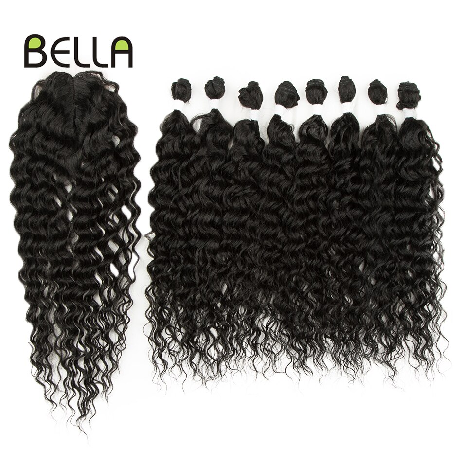 Bella-extensiones de cabello rizado sintético para mujer, mechones de pelo ondulado con cierre, color marrón degradado de 20 pulgadas, 9 unids/paquete: 1B