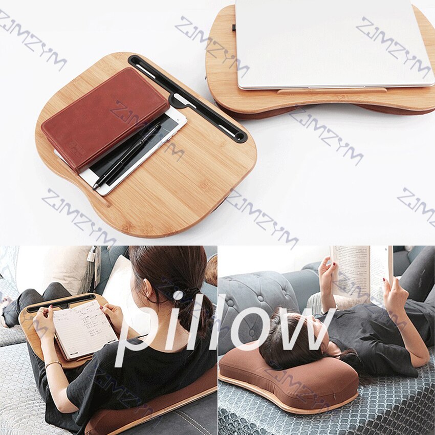 Bamboo Knee Lap Table Desk With Card Slot And Cup Holder Tablet Tray Computer Table Laptop Stand Headrest Office Nap Pillow