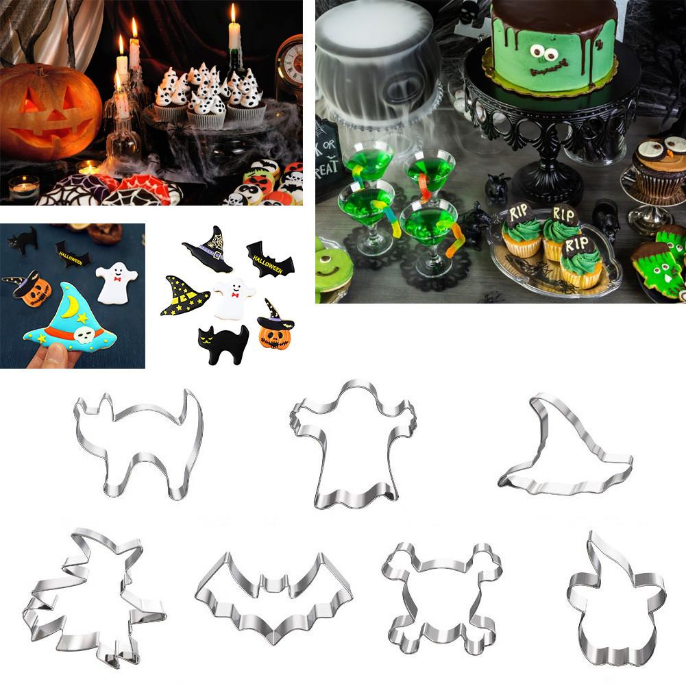 Juego de cortadores de galletas de Halloween, herramientas de pastelería y Fondant de acero inoxidable, marco de decoración para pasteles, 7 unidades