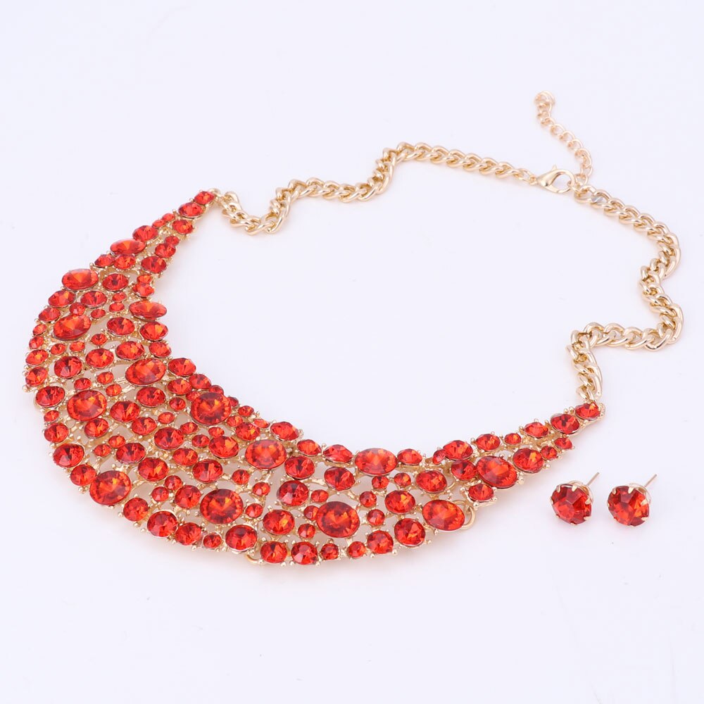 6 Kleur Mode Vrouwen Bruiloft Ketting Sets Vintage Colar Rhinestone Crystal Choker Kettingen Etnische Maxi Sieraden Sets: Red