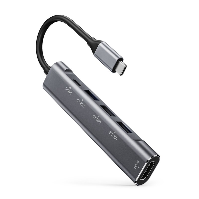 USB C Hub, 5-in-1 USB C Docking Bahnhof Adapter, USB-C zu HDMI + Typ-C + USB3.0 + USB2.0, Bis zu 3840X2160P/30HZ