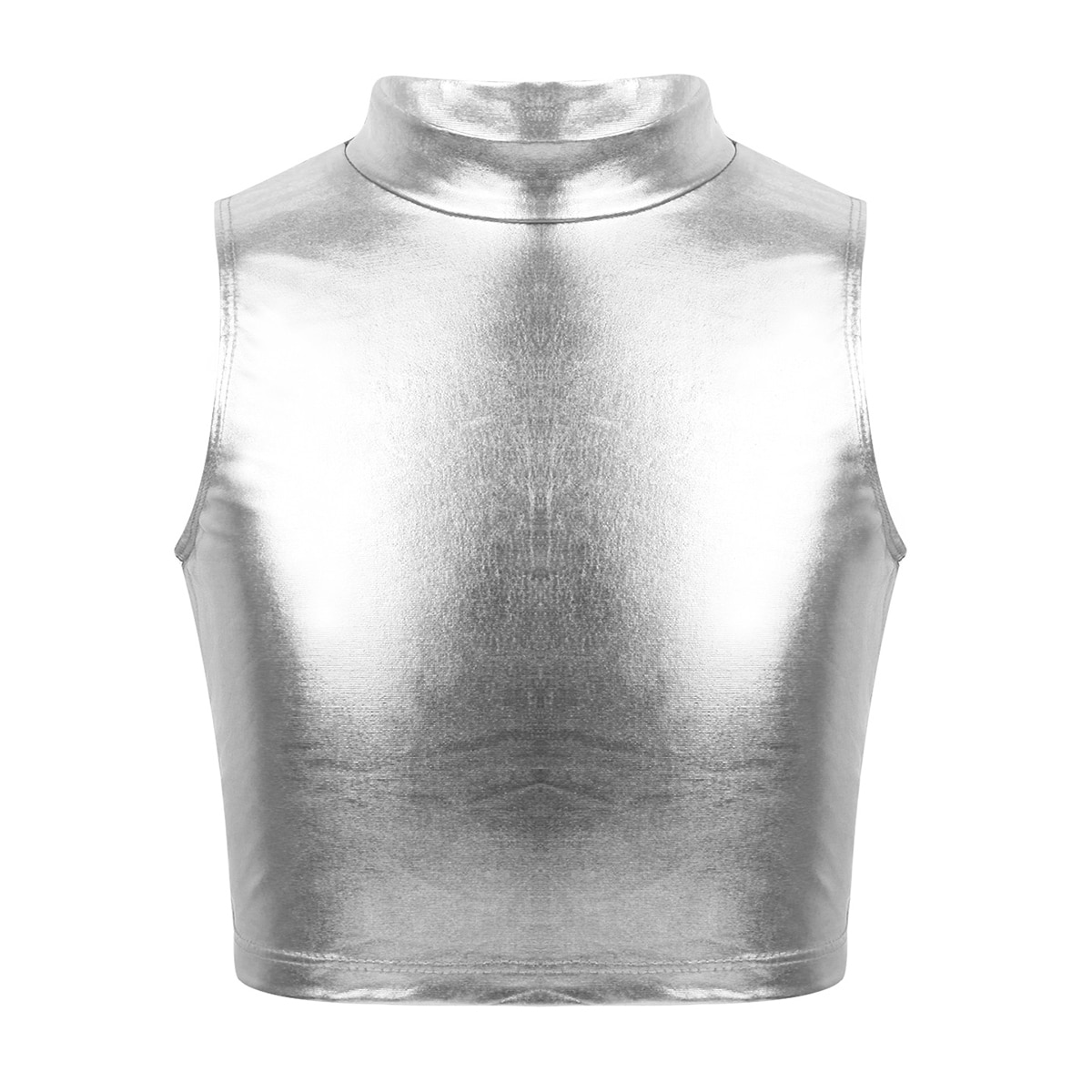 Barn tonåringar ärmlös turtleneck metallisk balett gymnastik crop tops barn flickor jazz performance dans klädsel kostym: Silver- / 14