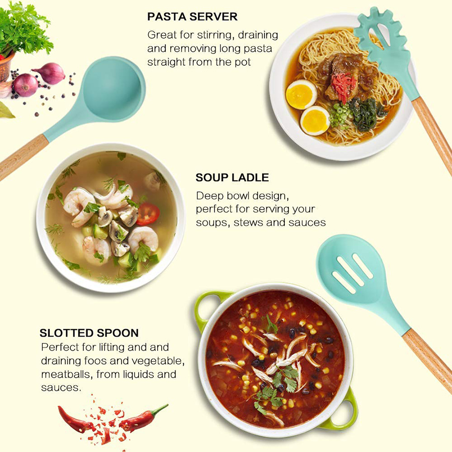Silicone Cooking Utensils Kitchen Utensils, Acacia Wooden Cooking Tool for Nonstick Cookware - Best Kitchen Gadgets
