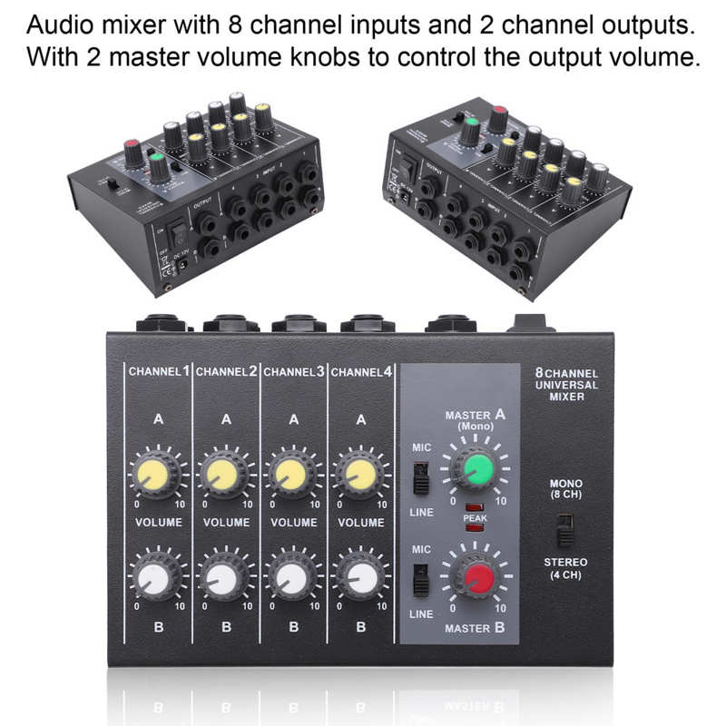 Audio Mixer 8 Channel Input Mono Stereo Sound Mixing Console Low Noise US Plug 110-240V Mono Audio Mixer