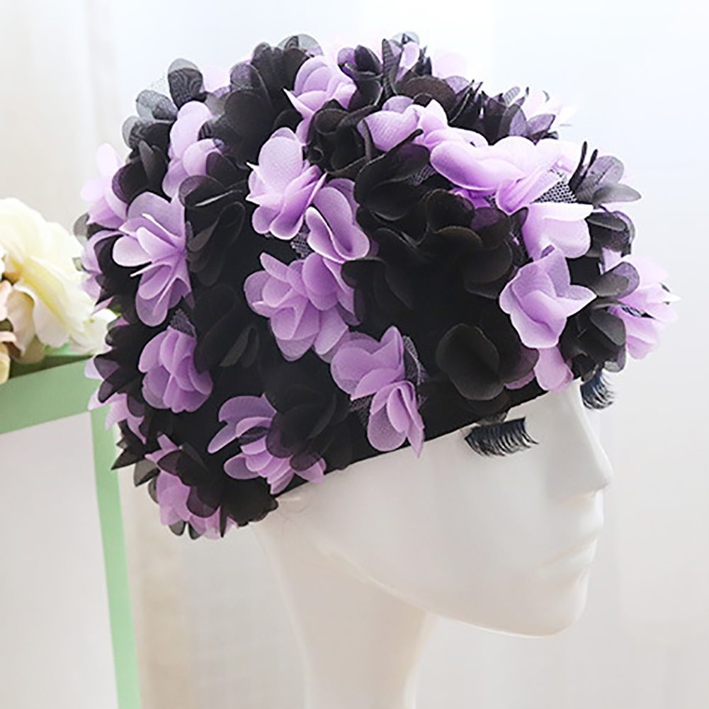 Gorro de natación de flores para mujer, cómodo gorro de piscina transpirable, pétalos tridimensionales elásticos, diadema de pelo largo con forro grande: Black and purple