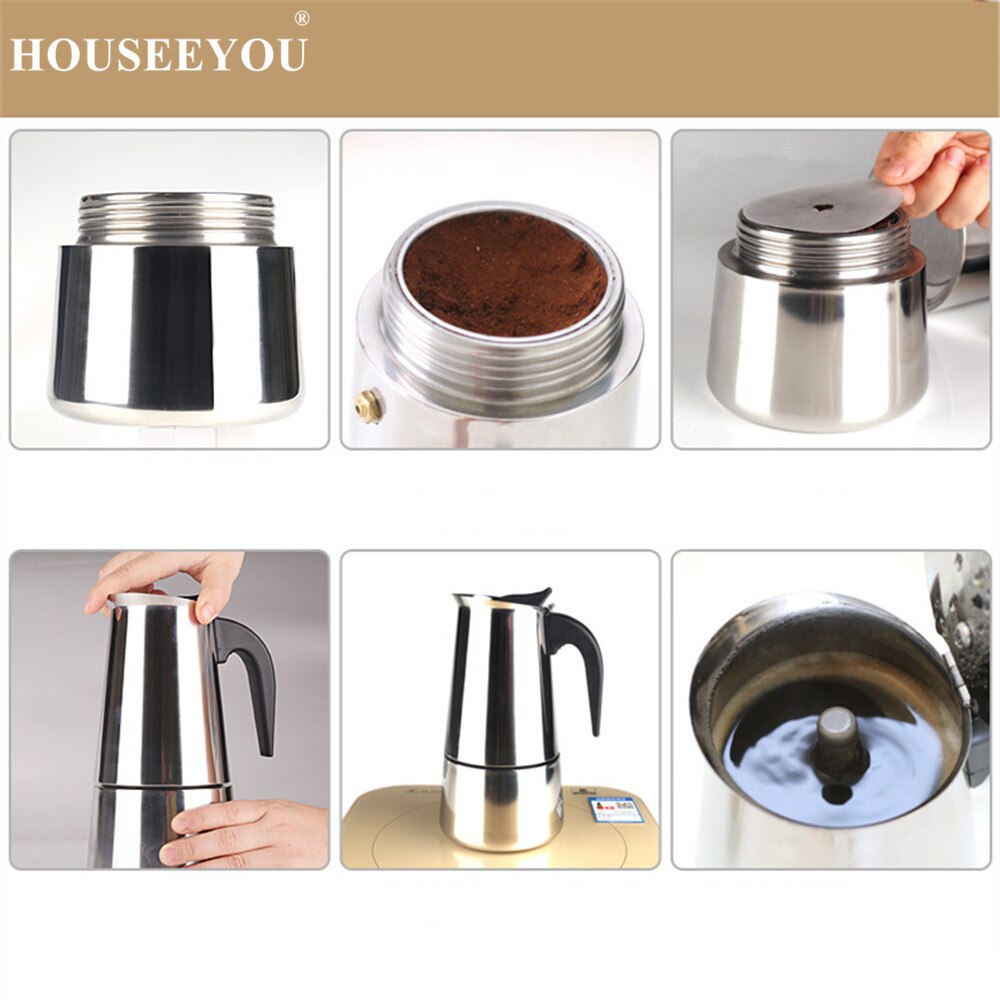 Stainless Steel Coffee Maker Pot Mocha Moka Espresso Latte Stovetop Coffee Pot Filter 100ML 200ML 300ML 450ML Coffee Machine