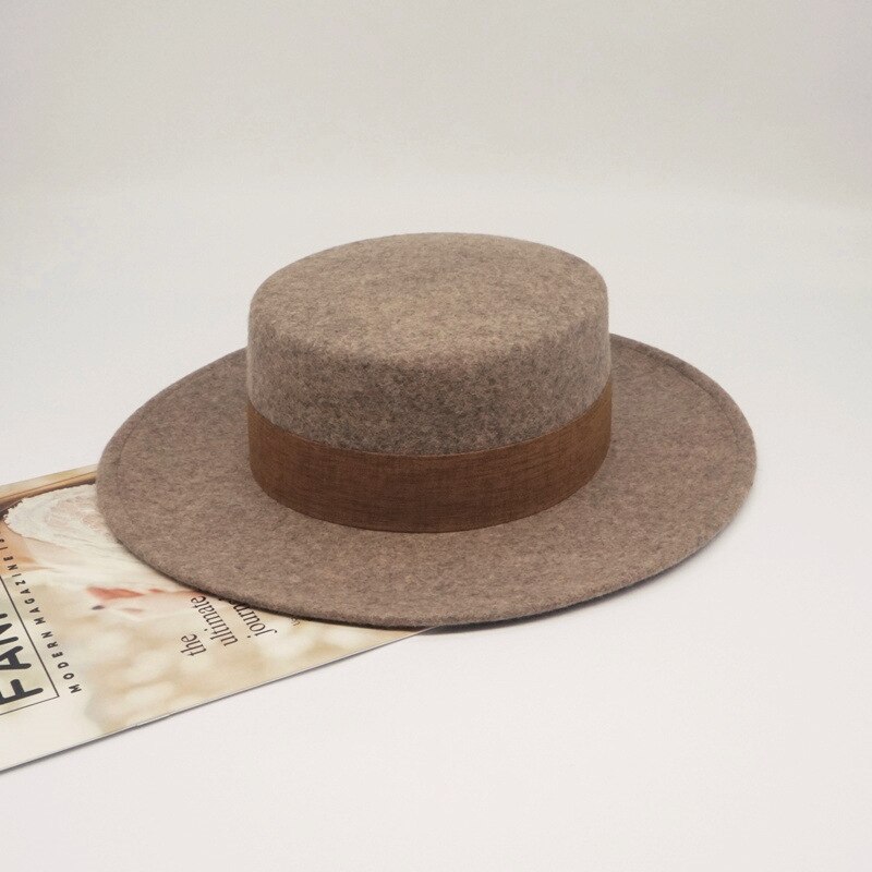 Brown colorblock jazz top hat men and women flat winter wool felt hat: picture 1
