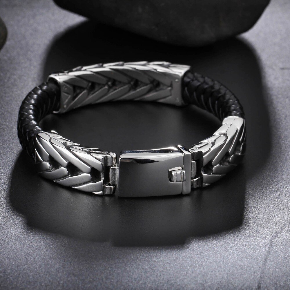 TrustyLan Brand Men's Bracelets Black Leather & Stainless Steel Wrap Bracelet Men Jewelry For Him Pulseras Hombre