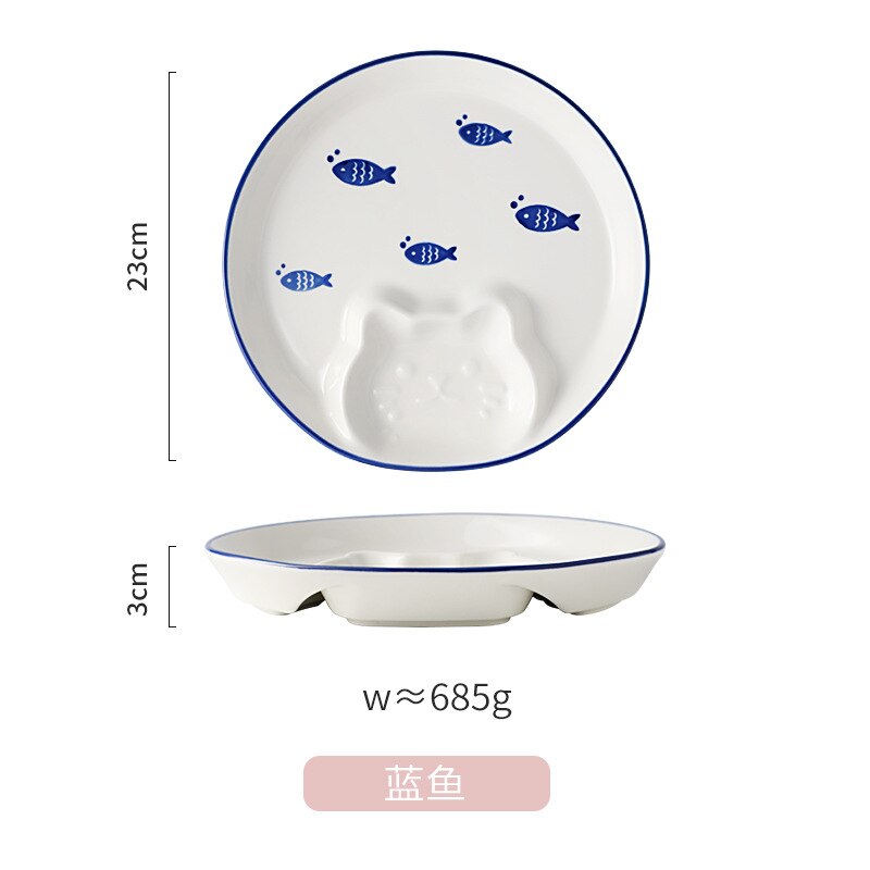 Home Ceramic Dinner Plate Cute Cat Child Food Supplement With Dipping Dish Dumpling Breakfast Plate Restaurant Utensils: Blue fish