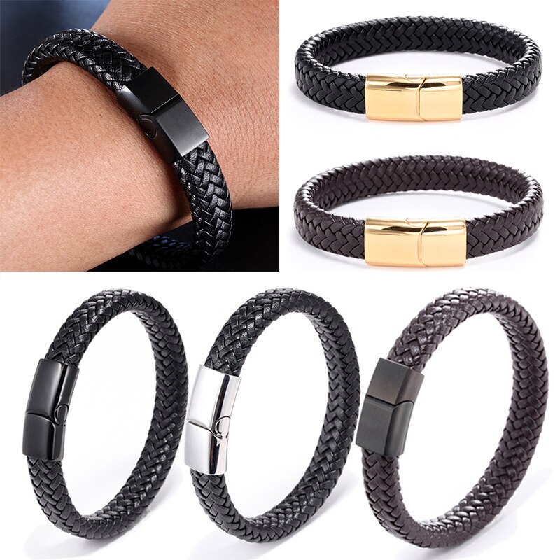 Handgemachte Geflochtene Armreif Männer Biker Manschette Schnalle Leder Magnetische Armband