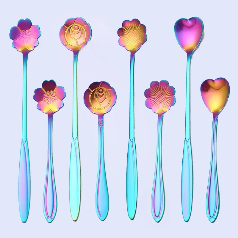 Cucharas largas de acero inoxidable para postre, cuchara de flores de 4 piezas, mango largo dorado, cuchara mezcladora para café y pastel, accesorios de cocina: Negro